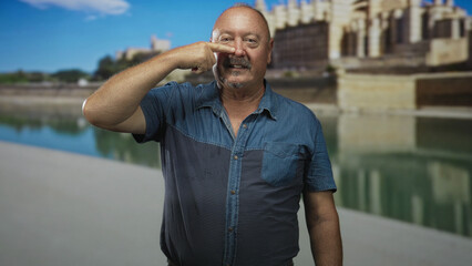 Fototapeta premium Senior hispanic man pointing finger to nose, wearing denim shirt, standing by a riverside building and waterway in daylight; amusement.