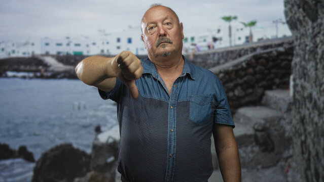 Man with extended hand giving thumbs down gesture by a stone seawall and white building; disapproval rejection.