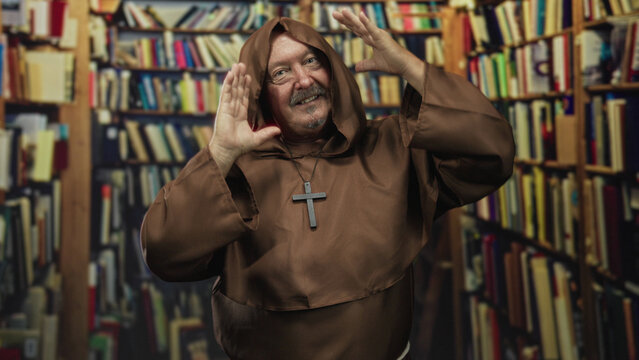 Man monk wearing brown robe and cross necklace frames face with hands in library building; quiet contemplation serenity.
