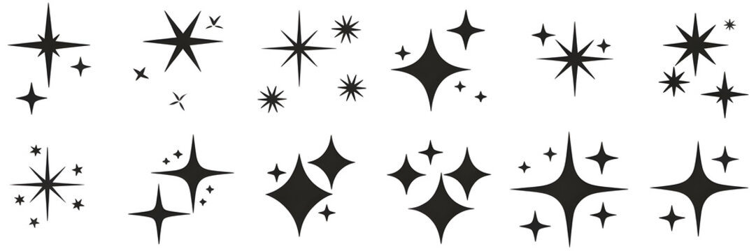 Black starburst icon set, shiny sparkles and sparkling stars isolated on white background. Twelve glittery decorative symbols, magical collection for graphic design