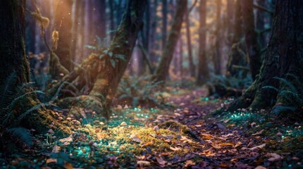 Obraz premium Enchanted Forest Floor With Colorful Glowing Light and Mystical Atmosphere
