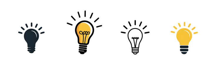 Naklejka premium Minimalist light bulb icons set, creative idea symbols in flat style, yellow and black glowing lamps for business innovation