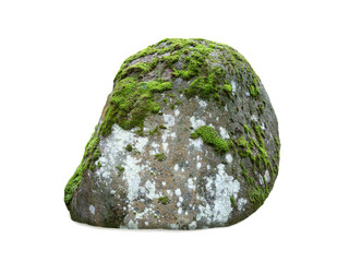 Large boulder with green moss and white lichen patches isolated. © fotomaster