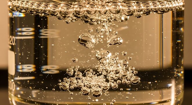 Close-up of effervescent bubbles forming in a clear liquid inside a laboratory glass beaker during a scientific experiment