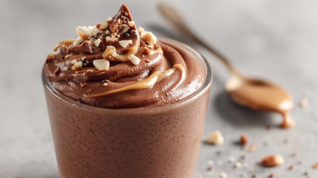 Delicious chocolate mousse in a glass with nuts and cream