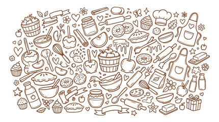 Naklejka premium A delightful collection of hand-drawn baking and autumn-themed doodles, perfect for seasonal designs.