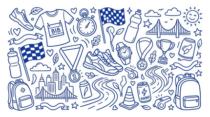 Fototapeta premium Collection of hand-drawn doodles representing running and marathon elements, including cityscape and bridges.