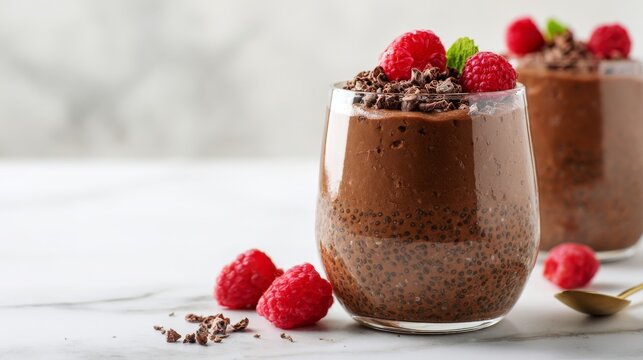 Delicious chocolate chia seed pudding topped with fresh raspberries
