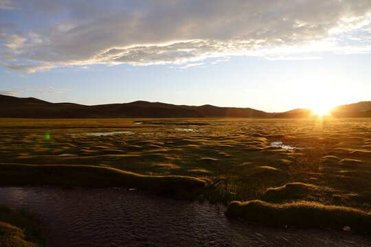 Sunrise Over Wet Grassland in Tsagaan, Arkhangai Province, Mongolia