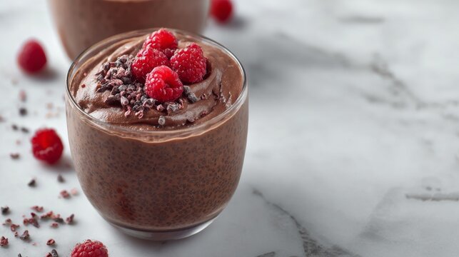 Delicious creamy chocolate mousse dessert garnished with fresh raspberries