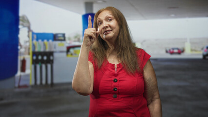 Woman points index finger up at a gas pump under canopy in a building, wearing red blouse and smiling, senior hispanic facing camera  assertive warning. © Krakenimages.com