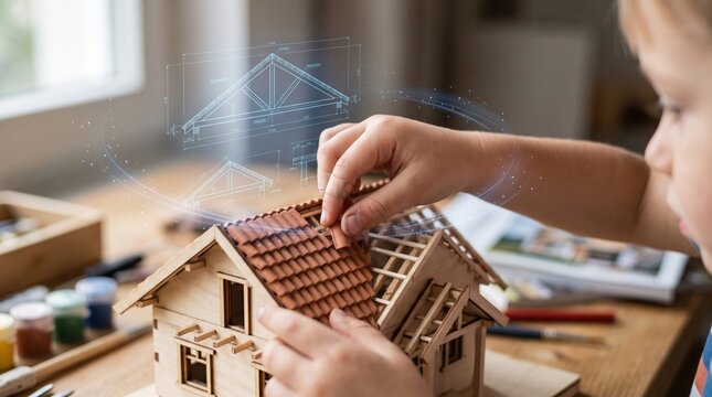 Child hands carefully placing miniature roof tiles on wooden house model with glowing digital blueprint for smart architecture education concept.