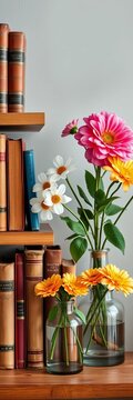 Shelf with vintage books and fresh flowers in a vase, vases, greenery