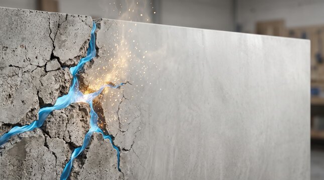 Cracked concrete wall being repaired with glowing blue liquid resin and bright golden sparks for smart self healing concrete renovation concept.