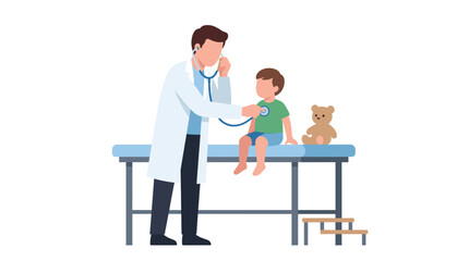 Fototapeta premium Pediatrician examining young boy with stethoscope in medical clinic.
