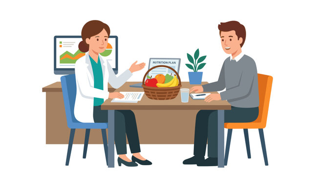 Nutritionist consulting with man about healthy diet.