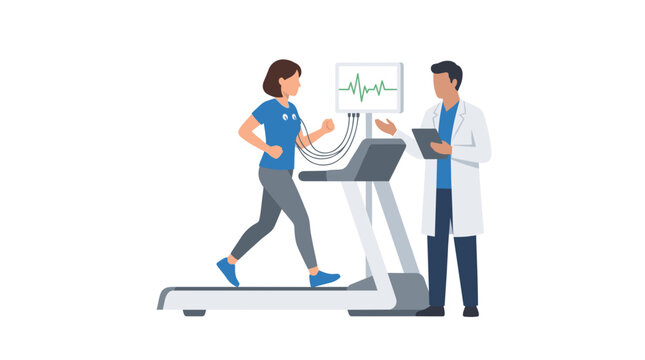 Patient undergoing cardiac stress test on treadmill.