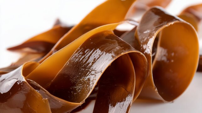Glossy Brown Kelp Seaweed Ribbons Isolated on White Background Closeup