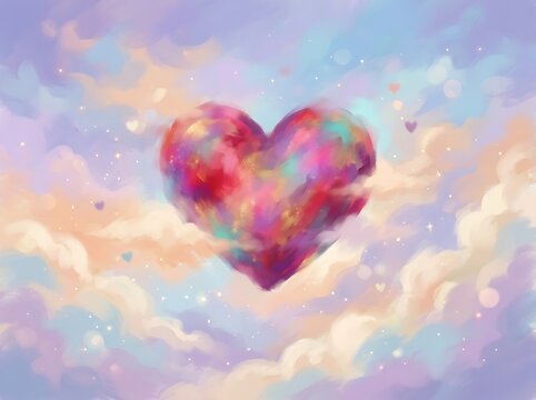 A vibrant impressionistic heart in a soft pastel cloudscape with sparkling lights represents love and dreams.
