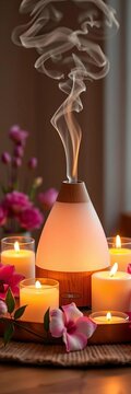 Soothing aromatherapy diffuser surrounded by candles, wellness, stress relief