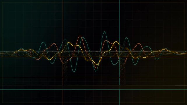 Colorful waveform lines oscillate across dark gridded background with changing peaks and troughs