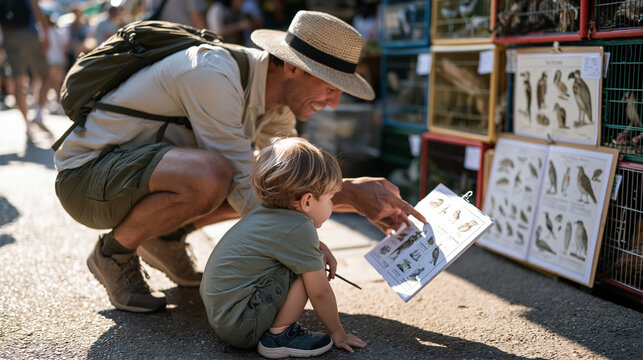 A young child crouches in a vibrant outdoor animal market peering up at a zoologist sketching wildlife specimens, colorful cages and botanical displays surrounding them, the