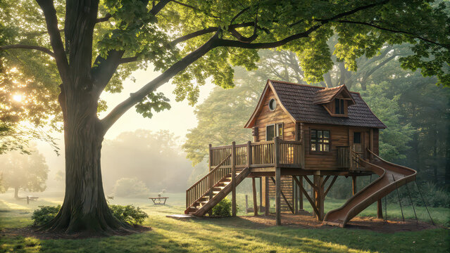 Cozy Wooden Treehouse with Slide in Sunlit Park