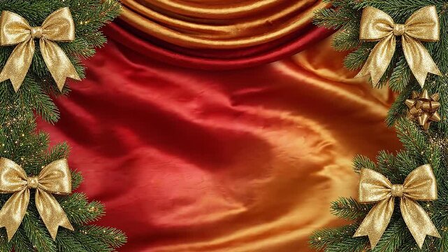 Festive Christmas border with evergreen branches, gold bows, bells, and shimmering red and gold drapery for seasonal celebration design