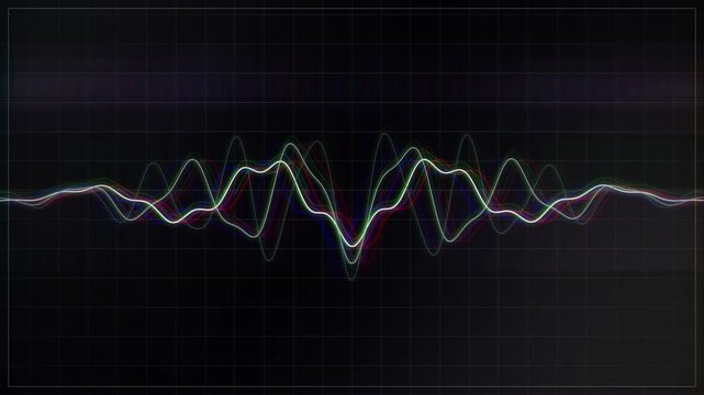 Glowing white waveform oscillating across dark grid background with shifting amplitude peaks