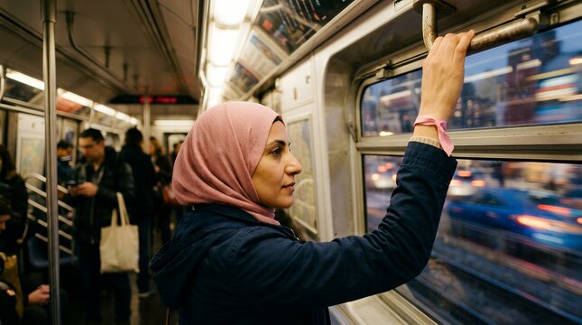 Woman in hijab commuting on a subway train looking out the window during evening travel.