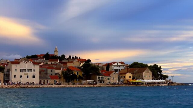 PRIMOSTEN, CROATIA - JULY 25 2017: Primosten (Capocesto) is village and municipality in Sibenik-Knin County, Croatia on Adriatic coast. Evening time. People walk around city.