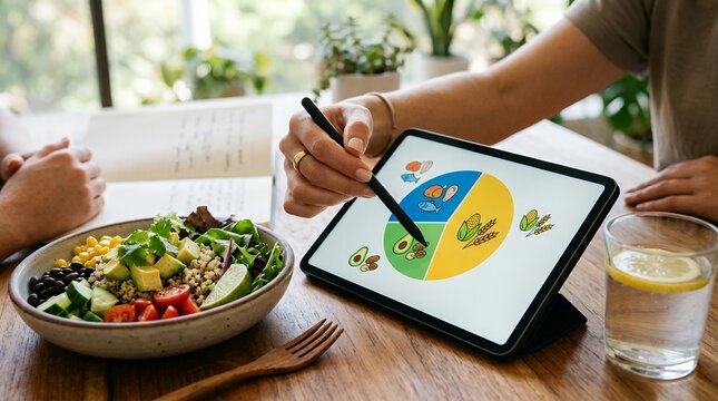 Woman using tablet for personalized nutrition plan and healthy meal tracking consultation session