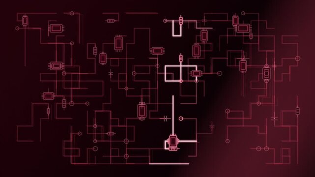 Glowing Electronic Circuit Network with Illuminated Path Segments on Dark Red Background