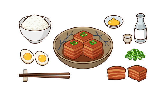 Traditional Japanese rafute or kakuni vector illustration set featuring braised pork belly cubes in ceramic bowl steamed rice hard boiled egg halves karashi mustard sake bottle and chopsticks on white
