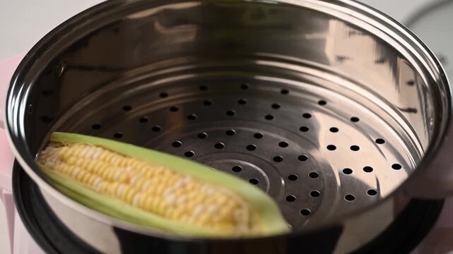 Hand putting fresh sweet corn cobs into a steamer pot 
