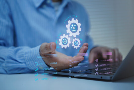 AI workflow automation with person using laptop and digital checklist interface to streamline tasks improve productivity optimize processes manage operations and support intelligent business.