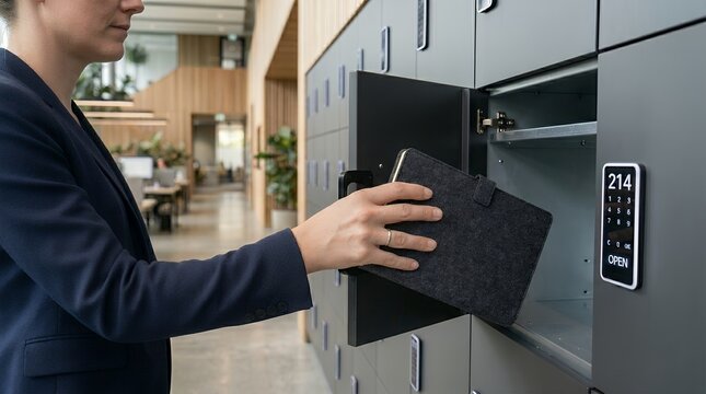 Professional woman using secure digital locker for hybrid office storage and organization.