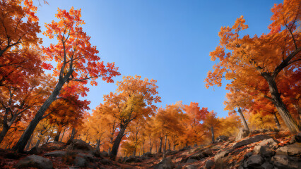 Fototapeta premium Vibrant autumn forest landscape with rocky terrain and clear blue sky