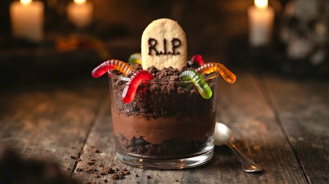 Halloween chocolate graveyard pudding cup dessert with cookie tombstone and gummy worms