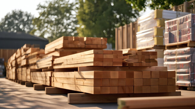 Stacks of wooden planks are neatly arranged outdoors at a lumberyard on a sunny day. Construction materials and timber ready for building projects.