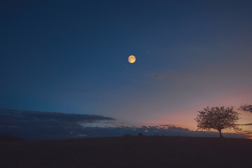 Full Moon, stars and planets above landscape silhouettes in blue hour time. © astrosystem