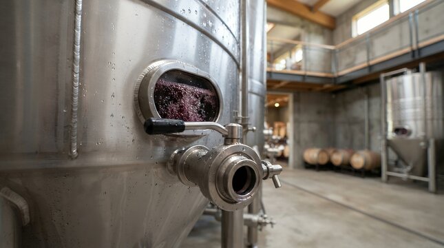 Stainless steel wine fermentation tank with valve in a modern industrial winery facility.