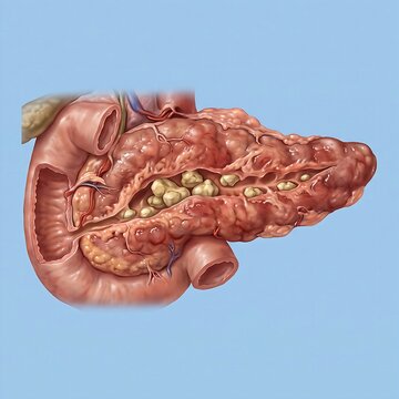 A realistic human pancreas showing intense inflammation and stony deposits within the duct, centered