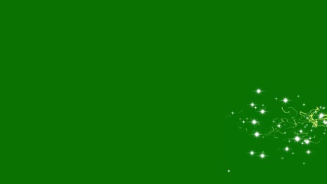 Twinkling star fragments burst from a glowing fairy trail, scattering luminous white particles and golden dust across a vibrant geen background with smooth motion and dreamy magical glow 4k