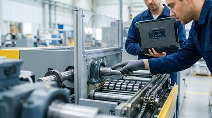 Fototapeta premium Engineers inspect industrial machinery with tablet, modern factory, teamwork, technology
