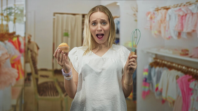 Woman holding muffin in one hand and a whisk in the other, inspecting the pastry amid racks of kids clothing in a retail building; uncertainty.