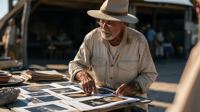 Elderly safari park ranger in harsh midday sun studying deep space telescope imaging printouts spread across a rugged outdoor table, squinting with decades of fieldwork wisdom,