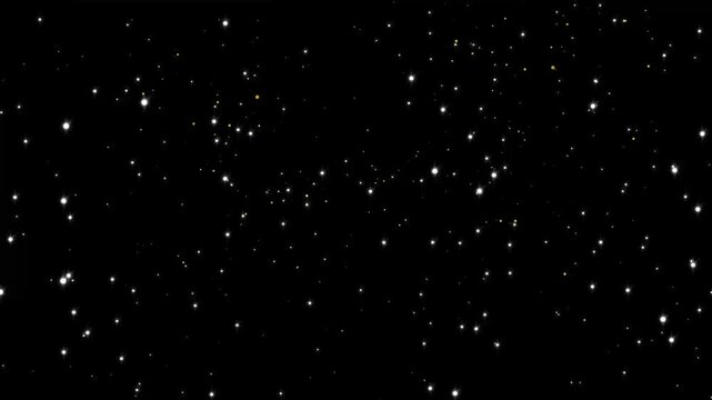 A sparkling celestial trail forms from glowing particles, tiny stars and shimmering dust, creating an elegant white light curve with magical golden accents against a deep black background 4k