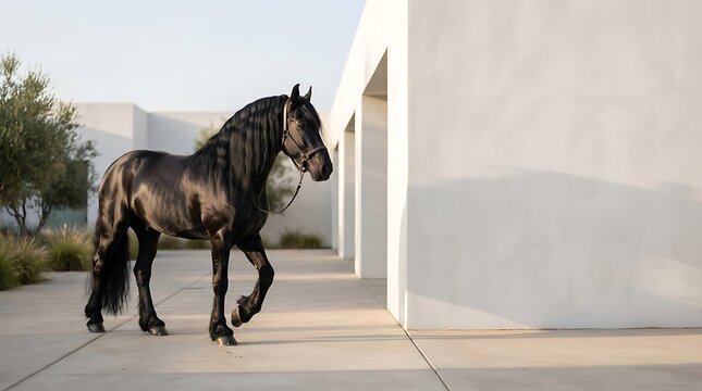 Majestic black Friesian horse walking outdoors near a modern white wall building
