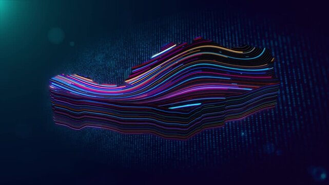Animated futuristic background featuring a glowing Kazakhstan map reveal with colorful neon lines, digital grid, particles, depth of field, light flare, bokeh, and Kazakhstan text reveal.